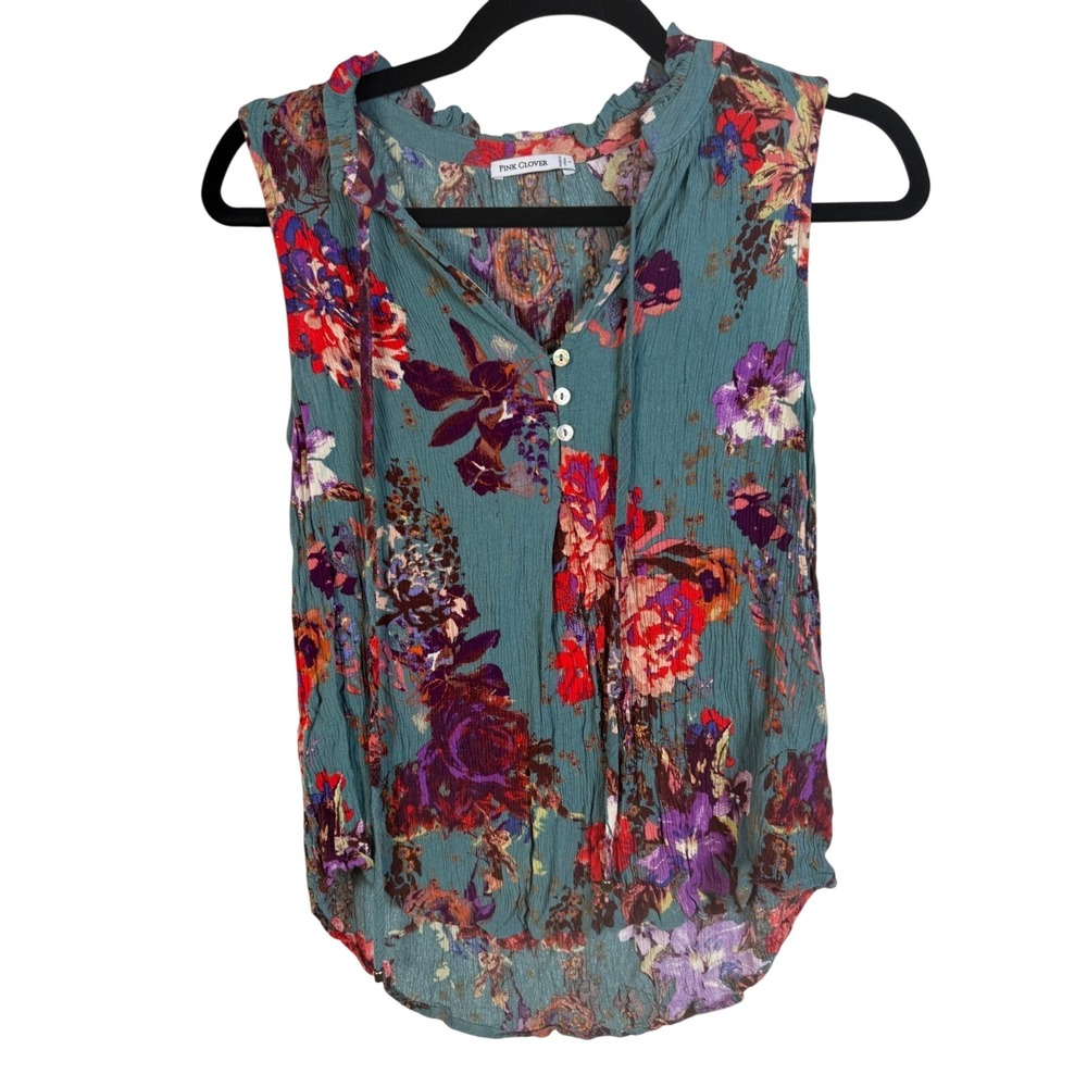 Pink Clover Floral Sleeveless Blouse Ruffle Neck Teal Purple Red Women's Small